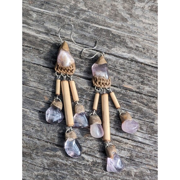 Vintage Stone Bohemian Earrings, Handcrafted Purple Gemstone Dangle Earrings - Picture 1 of 10